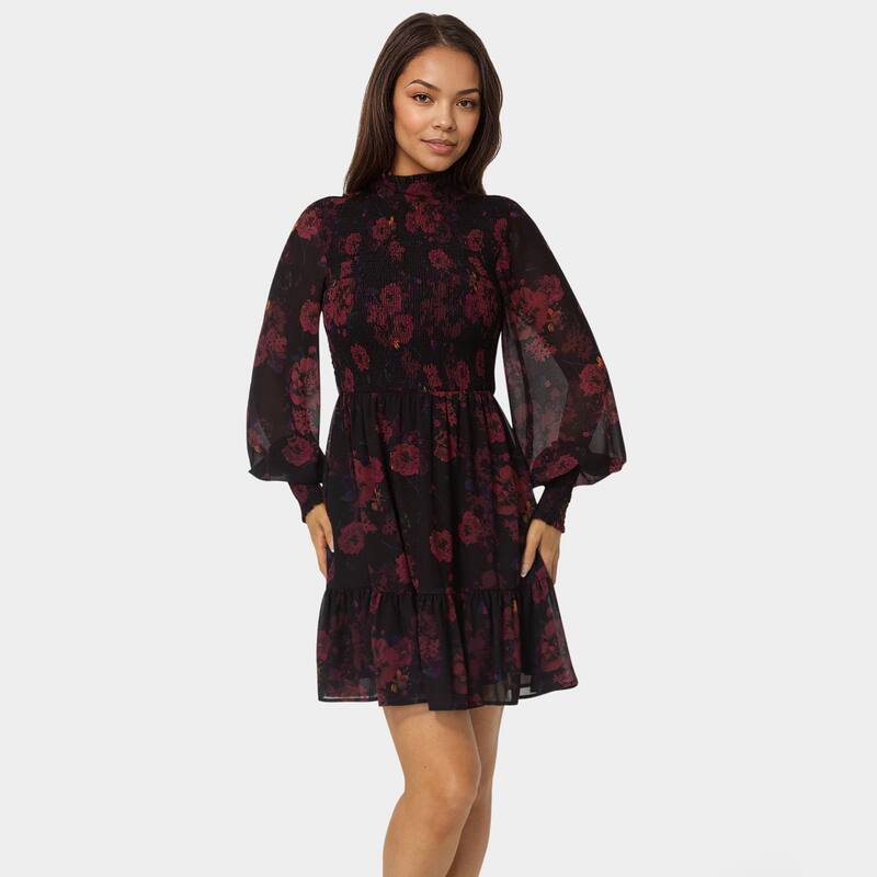 【送料無料】 ベベ レディース ワンピース トップス Women's bebe Mock Neck Chiffon Smocked Mini Dress Black Red