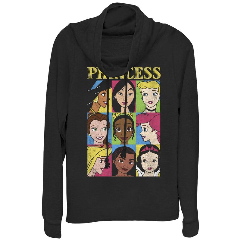 ウォルトディズニー レディース トップス プルオーバー グラフィック Disney\u0027s Princesses Juniors\u0027 Face In Box Cowlneck Graphic Lightweight Long Sleeve Black 黒いこと