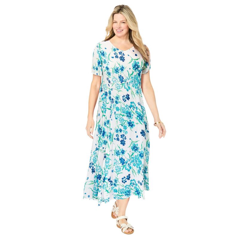 成人女性 ウィズはたご屋 レディース トップス 衣装 付け加える大いさ 半袖 Woman Within Plusize Short-Sleeve Crinkle Dress White Blue Floral 白いこと レディースファッション-ワンピース