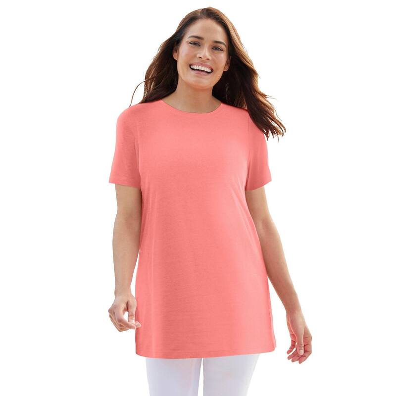 ウーマン ウィズイン レディース トップス Tシャツ クルーネック プラスサイズ Woman Within Plusize Perfect Crewneck Tunic Sweet Coral コーラル