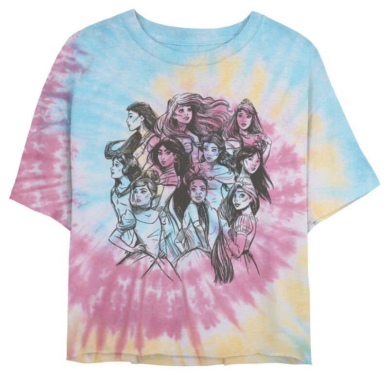 ディズニー レディース トップス Tシャツ クロップド グラフィック Disney Princess Pocahontas Ariel Aurora Snowhite Jasmine Belle Mulan Cinderella Tiana & Rapunzel Group Sketch Juniors' Cropped Graphic Tee Blue Pink Light Yellow ブルー