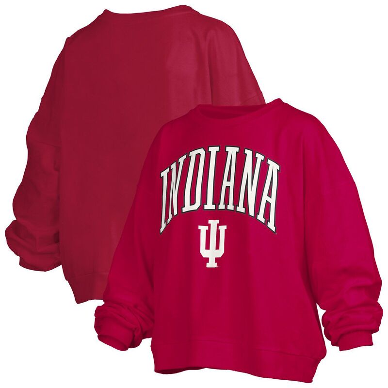押し付けるボックス席 レディース トップス プルオーバー 流汗 ロゴタイプ Women\u0027s Pressbox Crimson Indiana Hoosiers Janise Arch Over Logo Waist Length Oversized Pullover Sweatshirt Ind Red 赤いこと