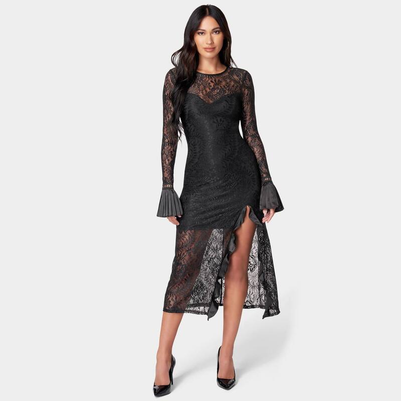 ベベ レディース トップス 衣装 スピード競技 Women\u0027s bebe Slit Lace Dress with Long Sleeves \u0026 Bell Cuffs Black 黒いこと