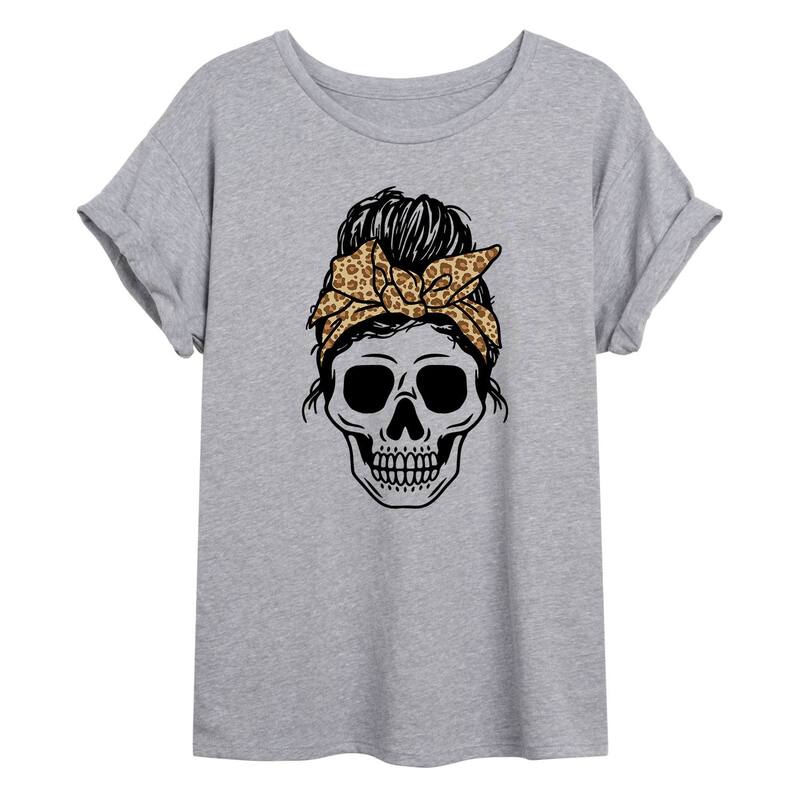 アニメキャラクター レディース トップス Tシャツ プリント グラフィック Licensed Character Juniors' Skull With Leopard Print Headband Oversized Graphic Tee Gray グレー