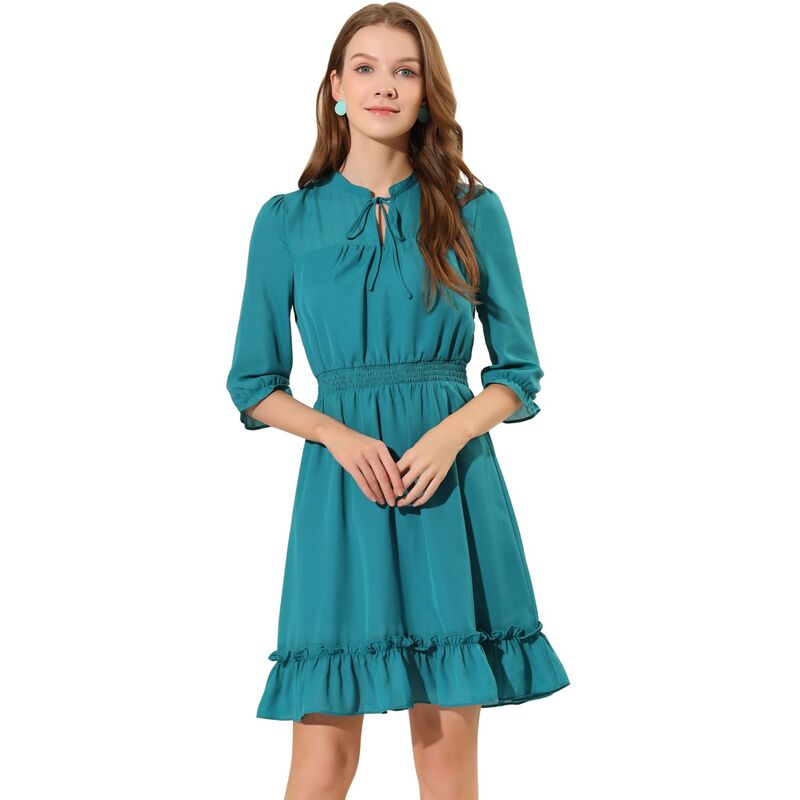 アレグラ ケー レディース トップス ワンピース フリル裾 A ライン フリル シャーリング ALLEGRA K Women's Ruffle Hem 3/4 Sleeve Smocked a-Line Dress Lake Green グリーン｜ReVida 店