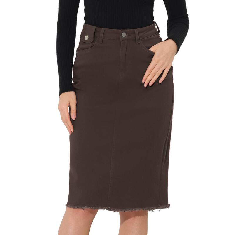 アレグラ ケー レディース ボトムスカート ハイウエスト ミディ デニム ALLEGRA K Women's High Waist Solid Jean Skirt Back Vent Midi Length Denim Skirts Dark Brown ブラウン|ReVida 店