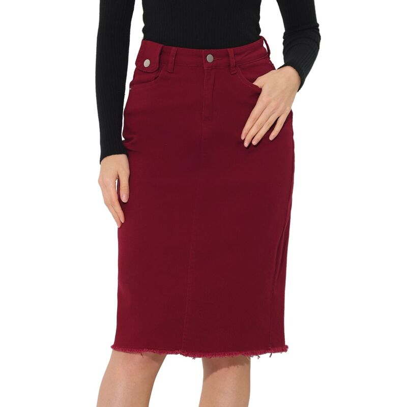 アレグラ ケー レディース ボトムスカート ハイウエスト ミディ デニム ALLEGRA K Women's High Waist Solid Jean Skirt Back Vent Midi Length Denim Skirts Dark Red レッド|ReVida 店