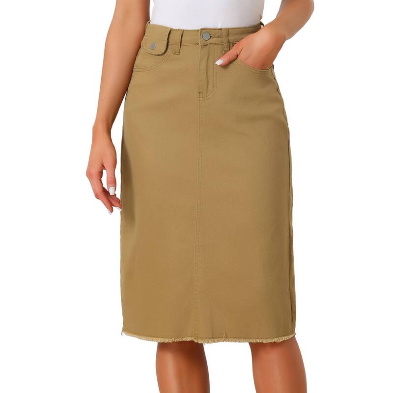 アレグラ ケー レディース ボトムスカート ハイウエスト ミディ デニム ALLEGRA K Women's High Waist Solid Jean Skirt Back Vent Midi Length Denim Skirts Khaki カーキ|ReVida 店