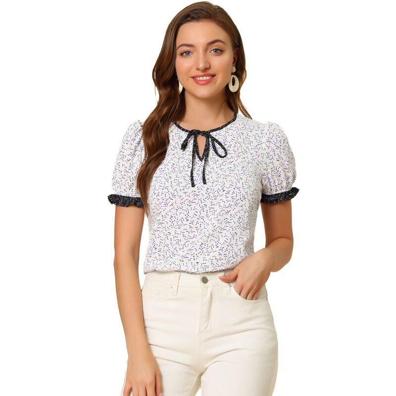 アレグラ ケー レディース トップス シャツ Vネック フラワー柄 ブラウス フラワー ALLEGRA K Women'spring Summer Tie V Neck Short Sleeve Floral Blouse Top White ホワイト