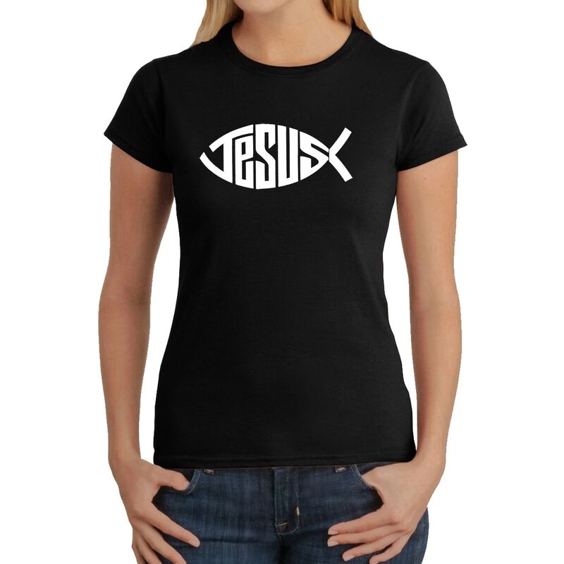 エルエーポップアート レディース トップス Tシャツ LA Pop Art Christian Jesus Name Fish Symbol - Women's Word Art-Shirt Black ブラック