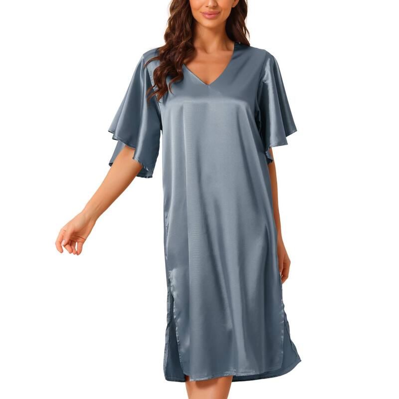cheibear レディース アンダーお召しもの ナイト爵お召しもの プルオーバー 繻子 cheibear Women\u0027satinightdress Flare Bell Short Sleeve Sleep Dress Nightshirt Nightgown Blue 青色