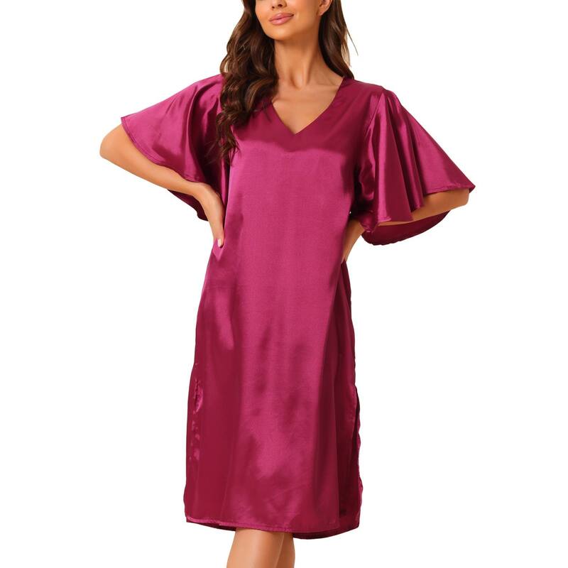 cheibear レディース アンダーお召しもの ナイト爵お召しもの プルオーバー 繻子 cheibear Women\u0027satinightdress Flare Bell Short Sleeve Sleep Dress Nightshirt Nightgown Deep Red 赤いこと