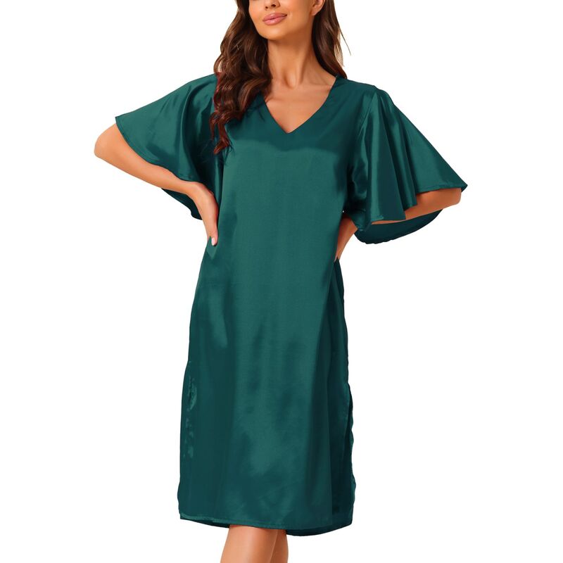 cheibear レディース アンダーお召しもの ナイト爵お召しもの プルオーバー 繻子 cheibear Women\u0027satinightdress Flare Bell Short Sleeve Sleep Dress Nightshirt Nightgown Green 緑であること
