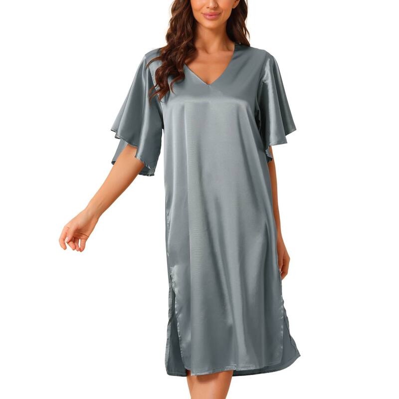 cheibear レディース アンダーお召しもの ナイト爵お召しもの プルオーバー 繻子 cheibear Women\u0027satinightdress Flare Bell Short Sleeve Sleep Dress Nightshirt Nightgown Silver しろがね色