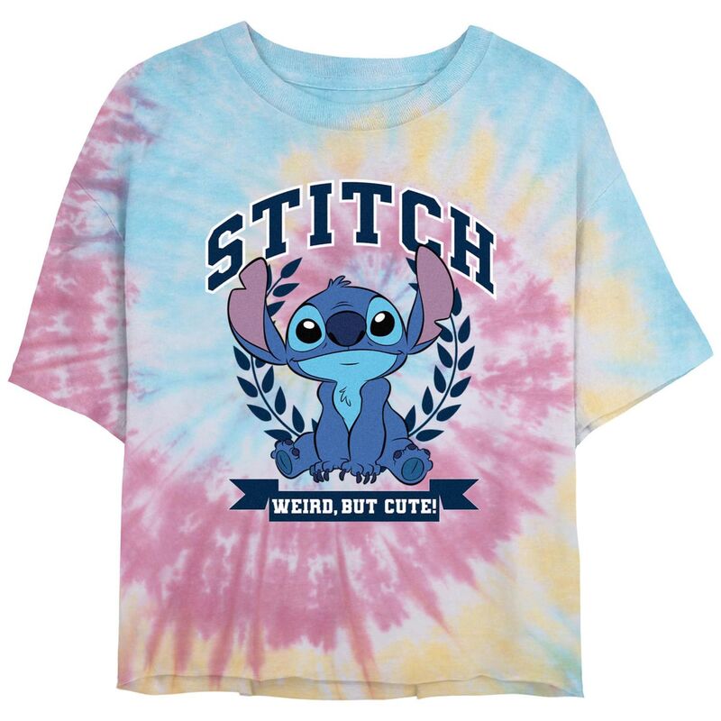 ディズニー レディース トップス Tシャツ クロップド グラフィック Disney's Lilo & Stitch Weird But Cute Stitch Crest Juniors' Cropped Graphic Tee Blue Pink Light Yellow ブルー
