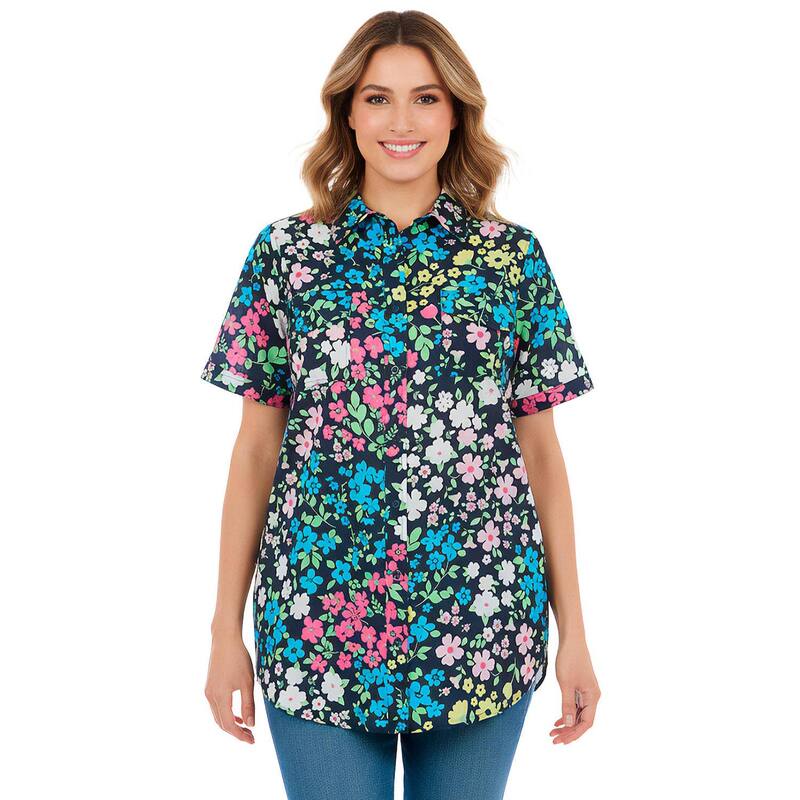 ウーマン ウィズイン レディース トップス シャツ プラスサイズ 半袖 コットン Woman Within Plusize Short-Sleeve Cotton Campshirt Navy Floral Patchwork ネイビー|ReVida 店