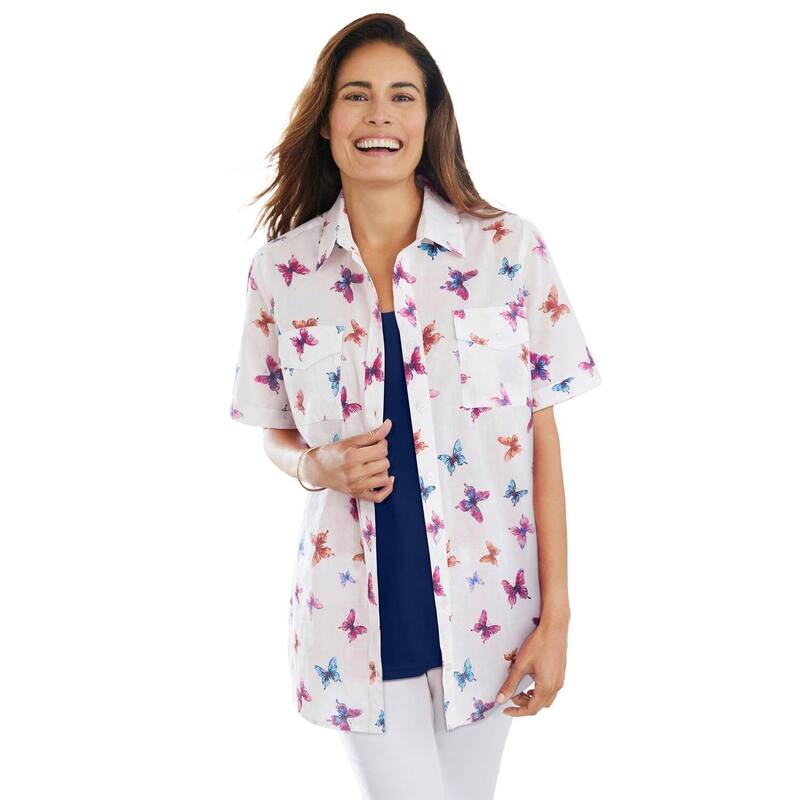 ウーマン ウィズイン レディース トップス シャツ プラスサイズ 半袖 コットン Woman Within Plusize Short-Sleeve Cotton Campshirt White Butterflies ホワイト