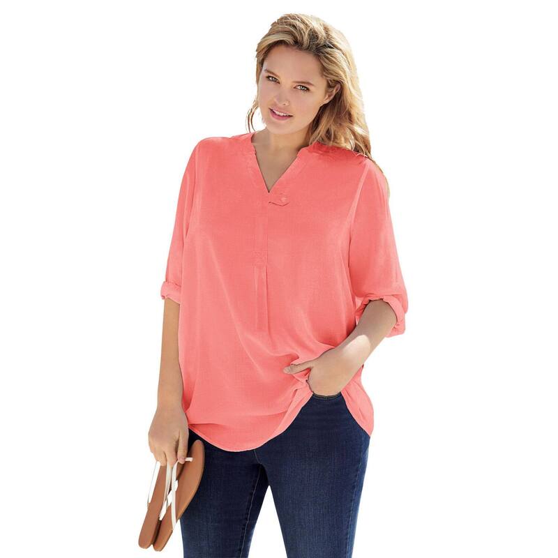 成人女性 ウィズはたご屋 レディース トップス プルオーバー 足し加える大きさ トップ Woman Within Plusize Rayon Three-Quarter Sleeveffortless Tab-Front Blouse Sweet Coral コーラル