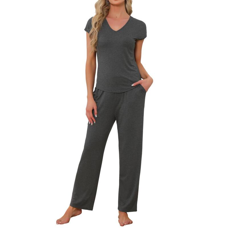 cheibear レディース アンダーウェア ナイトウェア パンツ cheibear Womenshort Sleeve Modal Casual Set Pajama 2 Piece Loungewear Long Pantsweatsuit Grey グレー