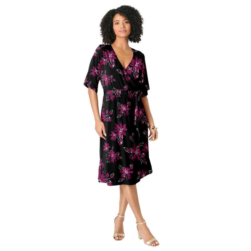 ロアマンズ レディース トップス ワンピース プラスサイズ Roaman's Women's Plusize Short Sleeve Wrap Fit And Flare Dress Black Graphic Flower ブラック|ReVida 店