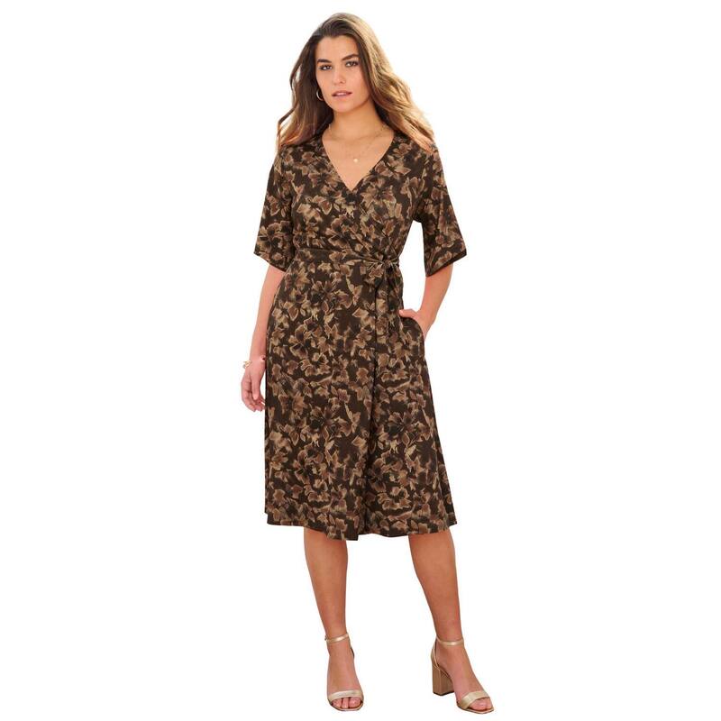 ロアマンズ レディース トップス ワンピース プラスサイズ Roaman's Women's Plusize Short Sleeve Wrap Fit And Flare Dress Chocolate Tie Dye チョコレート|ReVida 店