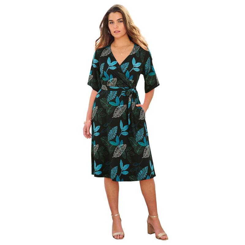 ロアマンズ レディース トップス ワンピース プラスサイズ Roaman's Women's Plusize Short Sleeve Wrap Fit And Flare Dress Tropical Emerald Palm エメラルド|ReVida 店