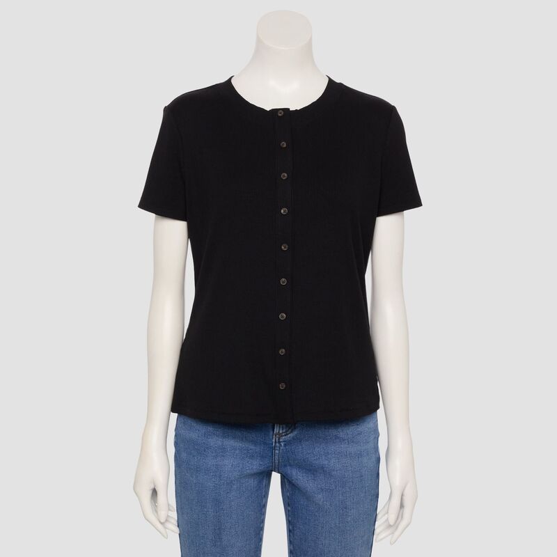 ナインウェスト レディース トップス Tシャツ リブ ダウン Women's Nine West Adaptiveasy Dressing Ribbed Short Sleeve Button-Down Top Mineral Black ブラック