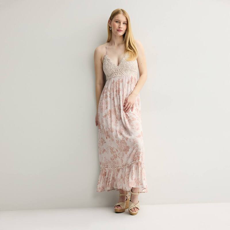 マッデンガール レディース トップス ワンピース マキシ ホルター Juniors madden girl Crochet Halter Top Tier Maxi Dress Mauve Combo