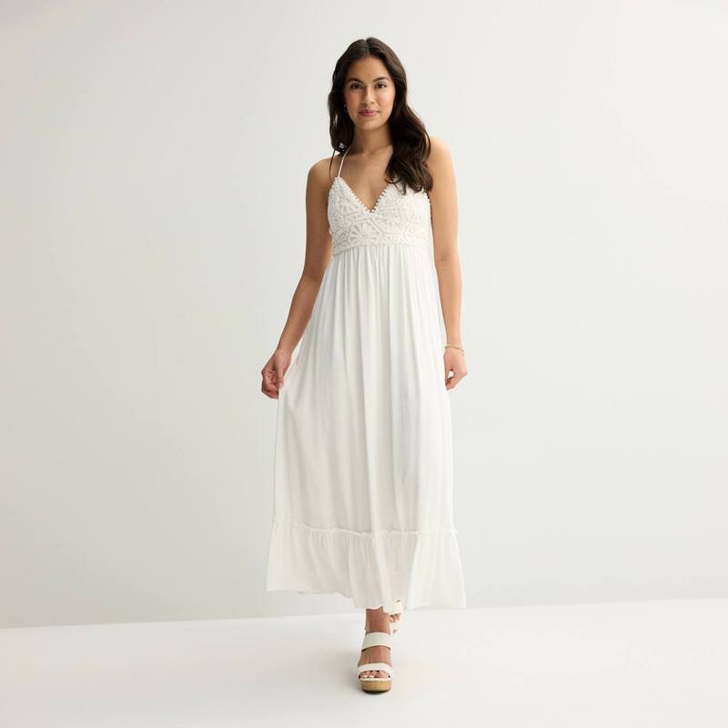 マッデンガール レディース トップス ワンピース マキシ ホルター Juniors' madden girl Crochet Halter Top Tier Maxi Dress White ホワイト｜ReVida 店