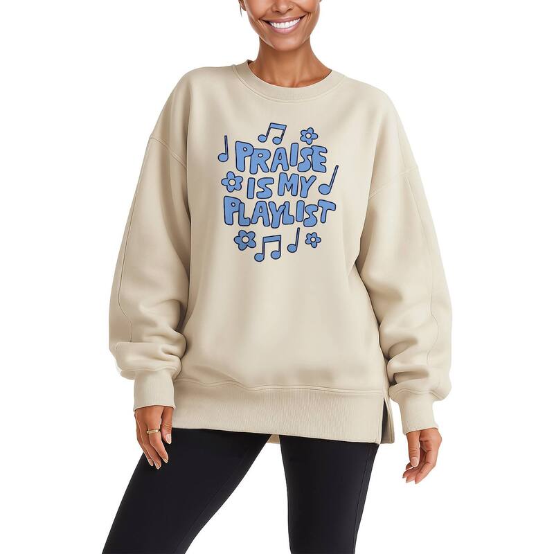 アニメキャラクター レディース トップス Tシャツ スウェット フリース Licensed Character Women's Praise Is My Playlist Oversized Fleece Crew Sweatshirt Cream クリーム