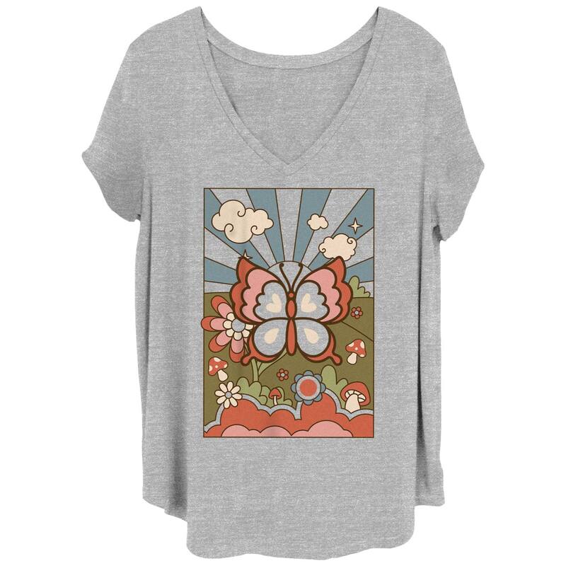 アニメキャラクター レディース トップス Tシャツ プラスサイズ グラフィック Licensed Character Juniors' Plus Colorful Paradise Butterfly Graphic Tee Heather Gray グレー