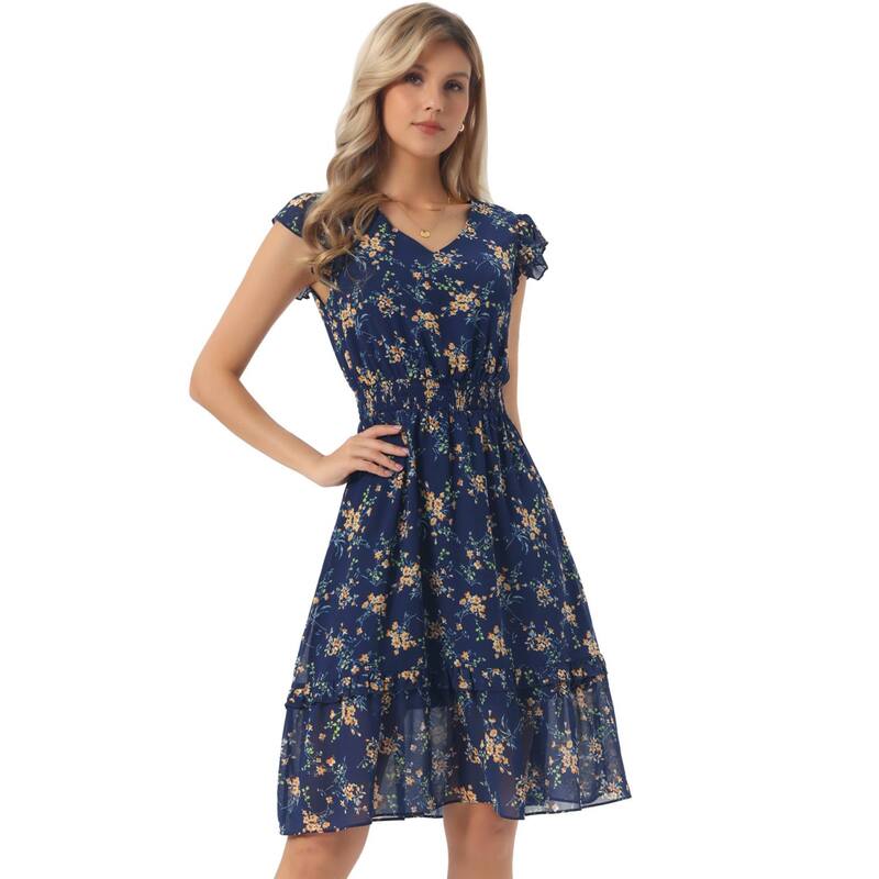アレグラ ケー レディース トップス ワンピース Vネック フラワー柄 フリル シャーリング フラワー ALLEGRA K Women's Flutter Sleeves V Neck Smocked Waist Ruffle Floral Dresses Navy Blue ネイビー