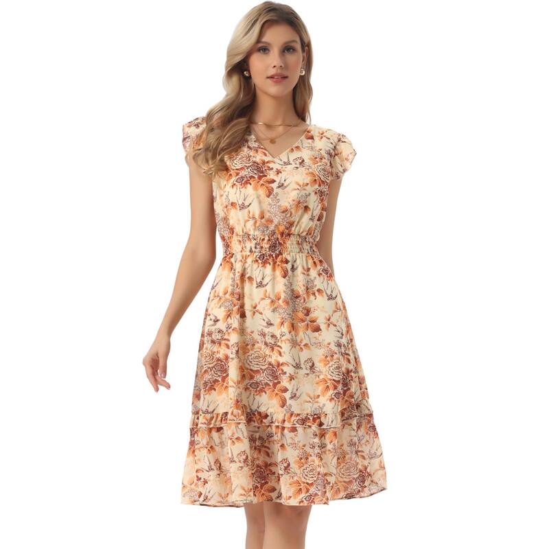 アレグラ ケー レディース トップス 衣装 V素っ首 御花柄 フラウンス シャーリング 御花 ALLEGRA K Women\u0027s Flutter Sleeves V Neck Smocked Waist Ruffle Floral Dresses Orange Brown オレンジ色