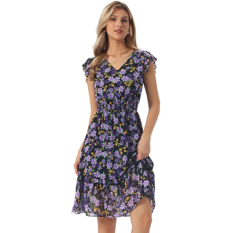 アレグラ ケー レディース トップス ワンピース Vネック フラワー柄 フリル シャーリング フラワー ALLEGRA K Women's Flutter Sleeves V Neck Smocked Waist Ruffle Floral Dresses Purple Black ブラック