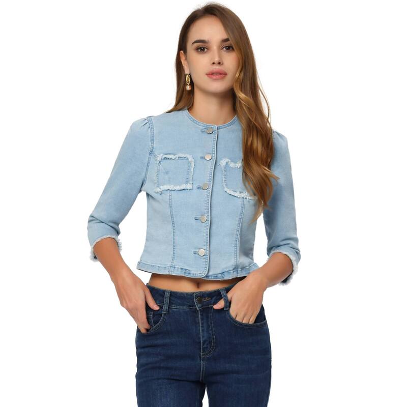 アレグラ ケー レディース アウター 上衣・上衣 ジーンズ ALLEGRA K Denim Crop Jacket For Women\u0027s Round Neck 3/4 Sleeves Frayed Casual Jean Jacket Light Blue 青み