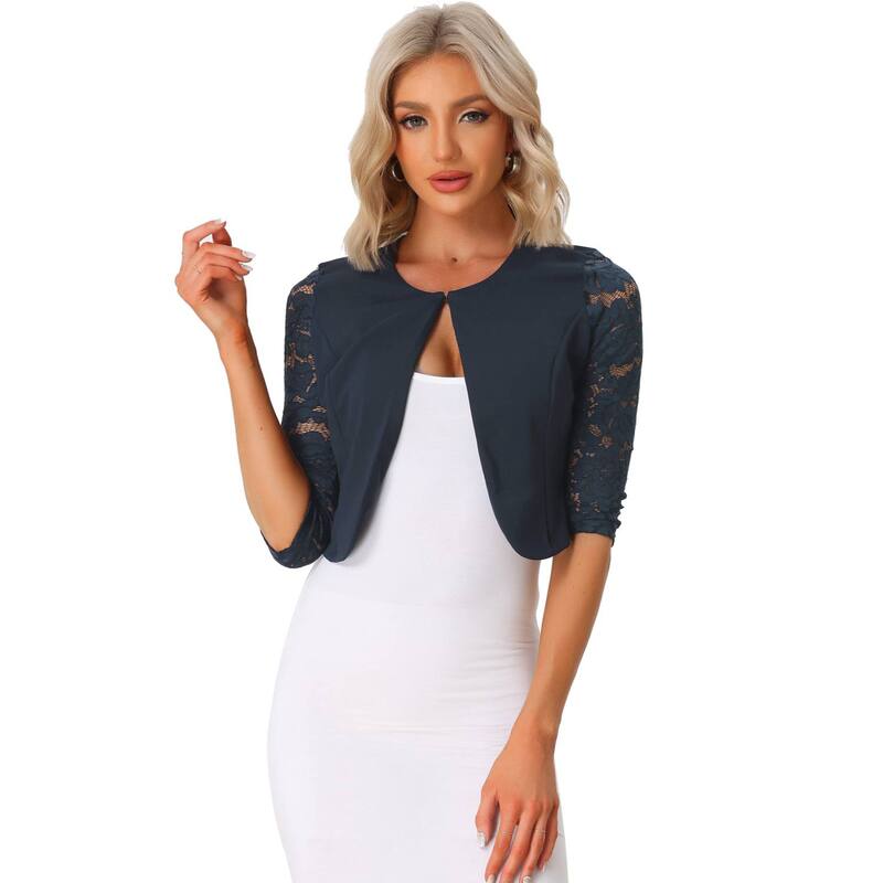 アレグラ ケー レディース アウター ニット・セーター カーディガン レース ALLEGRA K Women's Leisure Lace 3/4 Sleeve Crop Shrug Cardigan Dark Blue ブルー|ReVida 店