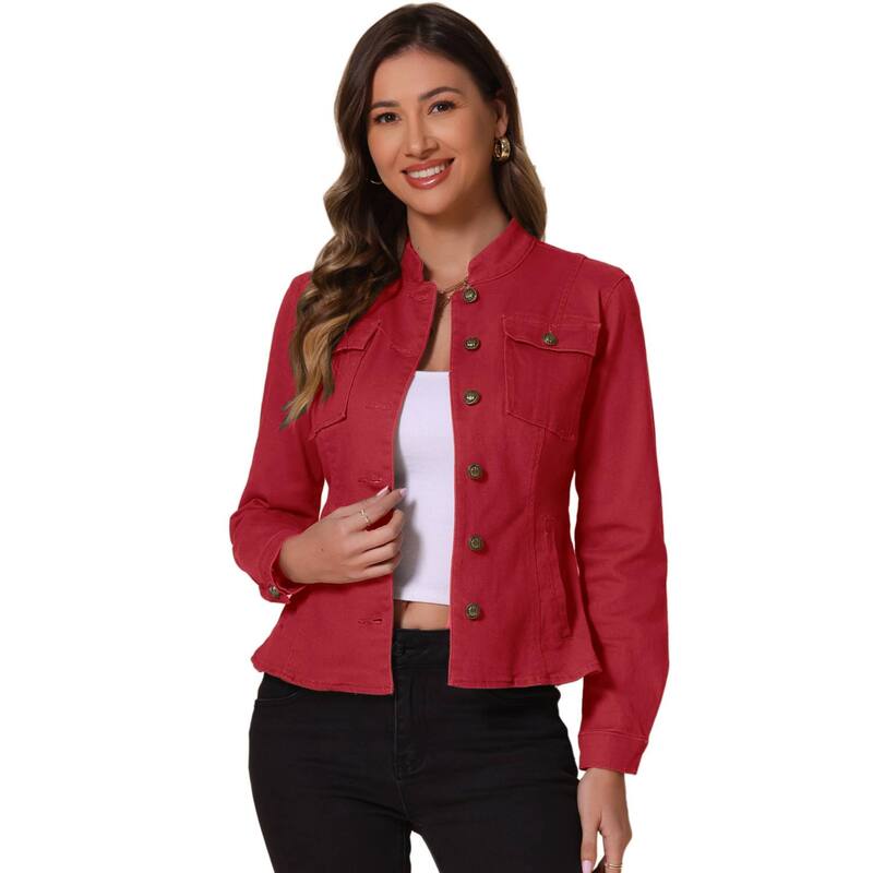 アレグラ ケー レディース アウター 上衣・上衣 ジーンズ ALLEGRA K Casual Denim Jacket for Women\u0027s Classic Stand Collar Long Sleeve Jean Jackets Red 赤いこと