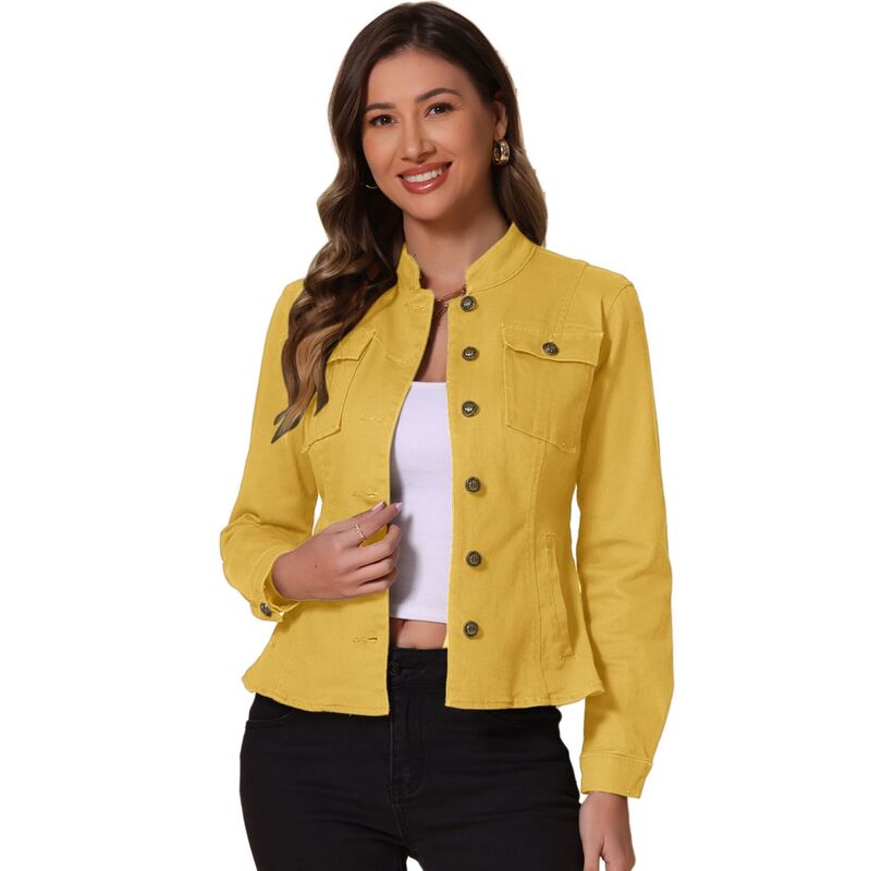 アレグラ ケー レディース アウター 上衣・上衣 ジーンズ ALLEGRA K Casual Denim Jacket for Women\u0027s Classic Stand Collar Long Sleeve Jean Jackets Yellow 黄色