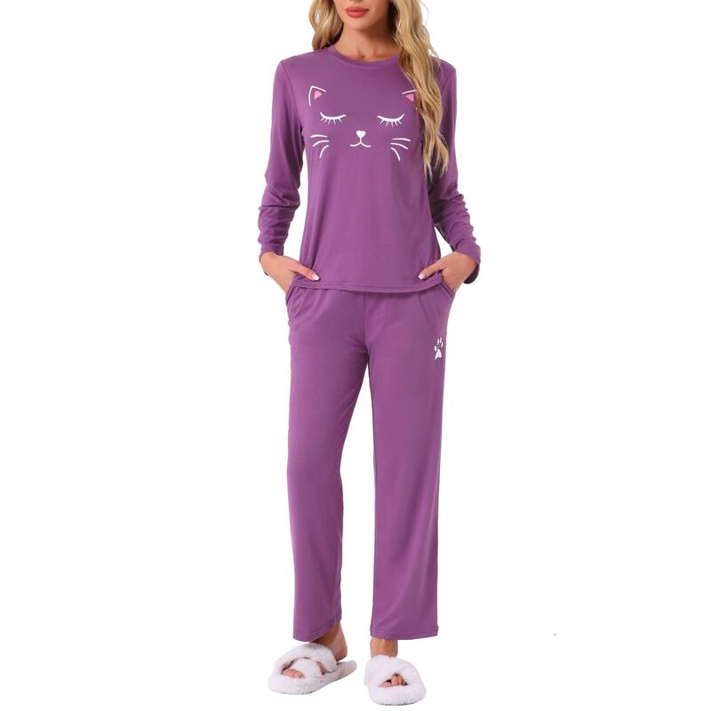 cheibear レディース アンダーお召しもの ナイト爵お召しもの 刷り上げる ズボン下 cheibear Women\u0027s Pajamas Nightwear Cute Cat Printops and Pantsleepwear Lounge Stes Purple パープル パジャマ-ナイトウェア・ルームウェア-インナー・下着・ナイトウェア