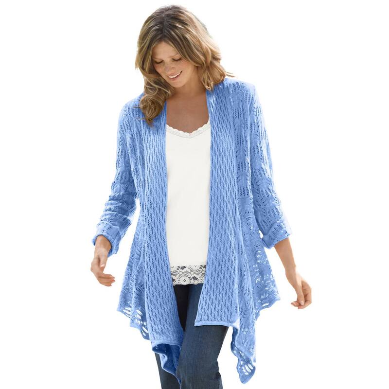 ウーマン ウィズイン レディース アウター ニット・セーター プラスサイズ カーディガン Woman Within Plusize Open Front Pointelle Cardigan French Blue ブルー｜ReVida 店