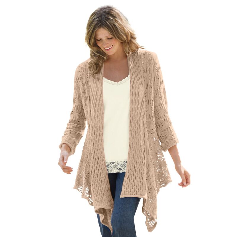 ウーマン ウィズイン レディース アウター ニット・セーター プラスサイズ カーディガン Woman Within Plusize Open Front Pointelle Cardiganew Khaki カーキ｜ReVida 店