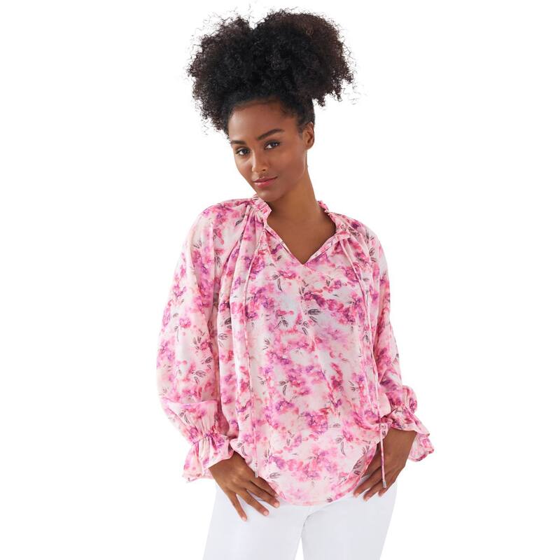 Ellos レディース トップス シャツ プラスサイズ フリル ブラウス ellos Plusize Keyhole Ruffle Trim Blouse Pale Blush Floral ブラッシュ