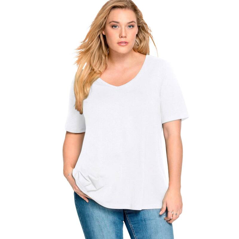 Ellos レディース トップス Tシャツ Vネック プラスサイズ ニット ellos Plusize Stretch Knit V-Neck Short Sleeve Tunic White ホワイト｜ReVida 店