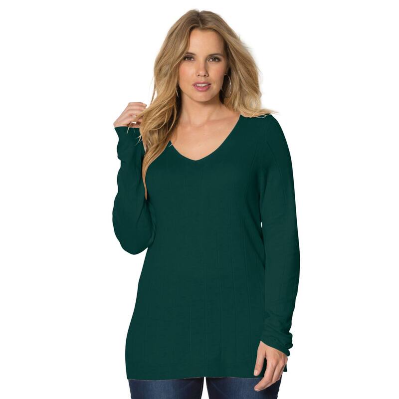 ロアマンズ レディース アウター ニット・セーター Vネック プラスサイズ Roaman's Women's Plusize Drop Needle V-Neck Lightweight Sweater Knit Emerald Green グリーン｜ReVida 店 11,866円