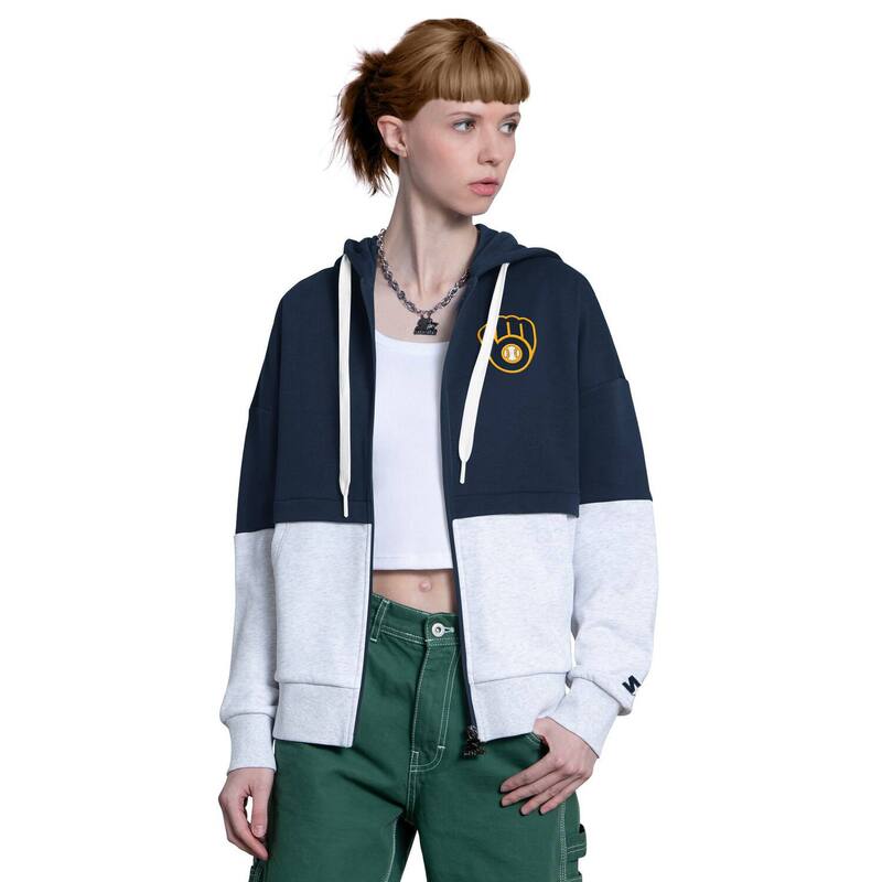 クランク レディース トップス プルオーバー パーカー Women\u0027starter Navy/White Milwaukee Brewers Wishbone Full-Zip Hoodie Brw Navy 米国海軍