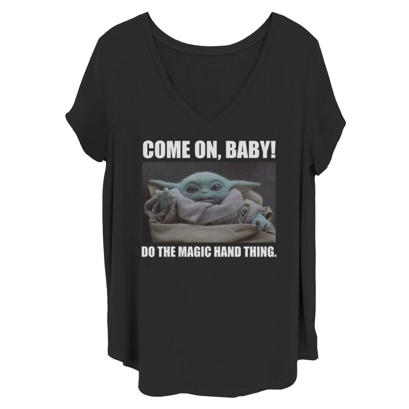 アニメキャラクター レディース トップス Tシャツ プラスサイズ Licensed Character Juniors' Plusize Star Wars The Mandalorian The Childo The Magic Hand Thing Tee Black ブラック