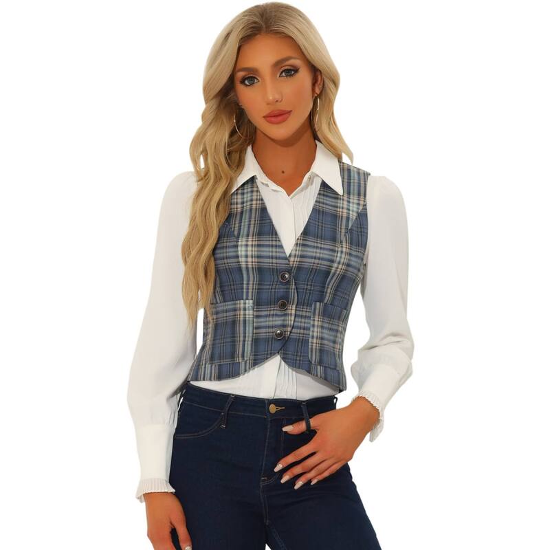 アレグラ ケー レディース トップス プルオーバー Vのど首 ヴィンテージ より良い ノースリーブ 厚地の外套 ALLEGRA K Vintage Plaid Vest for Women\u0027s V Neck Single Breasted Sleeveless Racerback Waistcoat Grey Blue 薄墨色