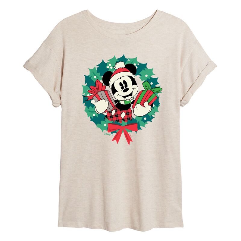 ディズニー レディース トップス Tシャツ Disney's Mickey Mouse Juniors' Wreath Oversized Tee Beige ベージュ