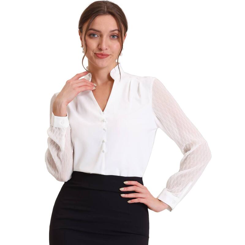 アレグラ ケー レディース トップス シャツ ハイネック フリル シアー ブラウス ALLEGRA K Women's Ruffle High Neck Shirt Button Decor Sheer Long Sleeve Blouse Tops White ホワイト 8,266円