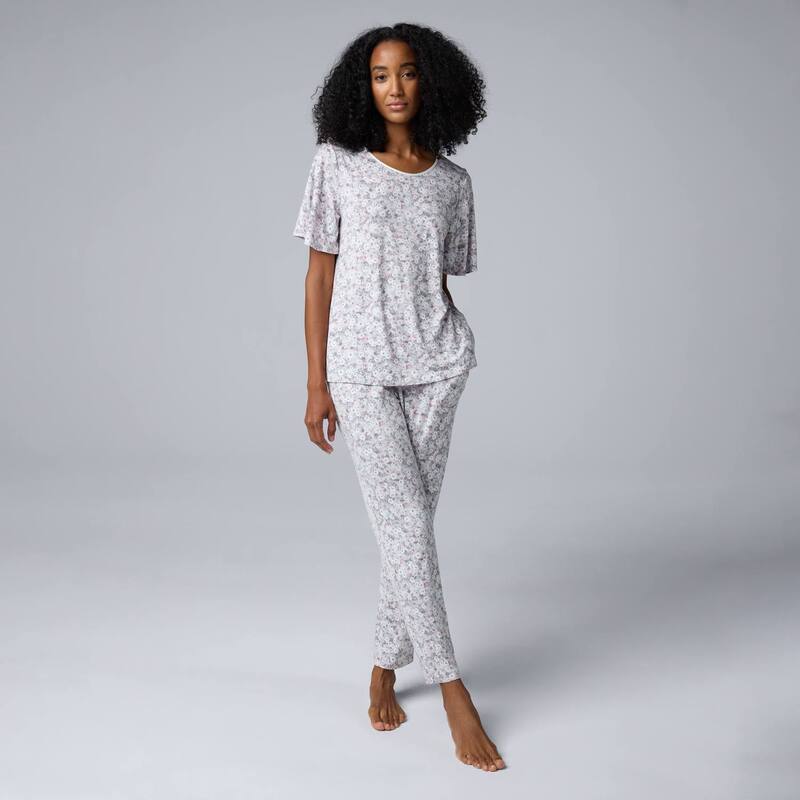 ヴェラウォン レディース アンダーウェア ナイトウェア クルーネック パンツ クロップド Women'simply Vera Wang Short Sleeve Crewneck Pajama Top & Cropped Pajama Pantset Light Grey Ditsy グレー